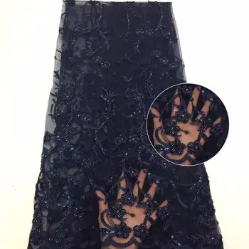 

3D Lace Fabric French Farty Sequin Tissu Africain Handmade Bead Tulle Lace Latest Luxury African Blue Embroidery Lace YYZ6889