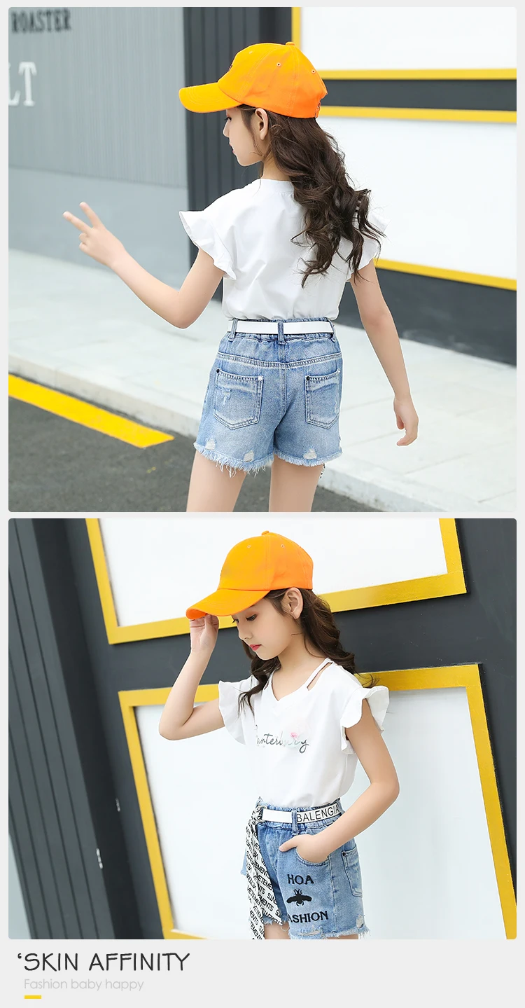Cheap Summer Children Girls Clothes Ruffle Sleeve White T-shirt Two Piece Outfits Short Denim Pants Clothing Sets For Girls