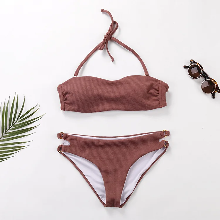 

Hot Selling Two-Piece Swimsuit Women's European And American-Style Bikini Solid Color High-waisted Porous Bikini