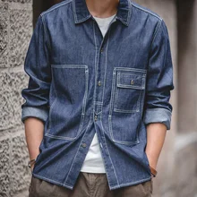 Madden Мужская винтажная солдатская рубашка джинсовая ковбойская промытая рубашка с большим карманом Мужская
