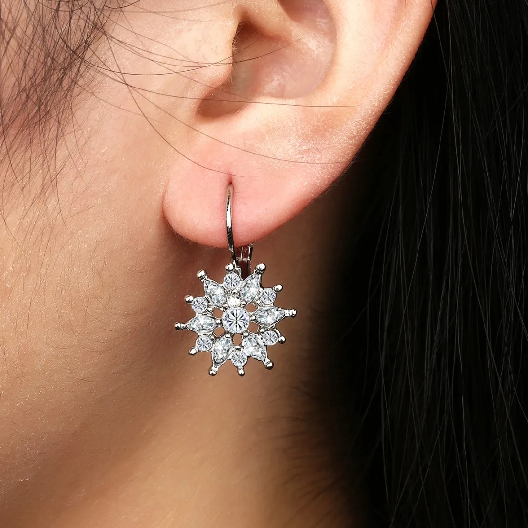 Fashion Princess Luxury Crystal Snow Flower Silver Gold Plated Hoop Earring for Women CZ Bridal Wedding Earring Jewelry Gift