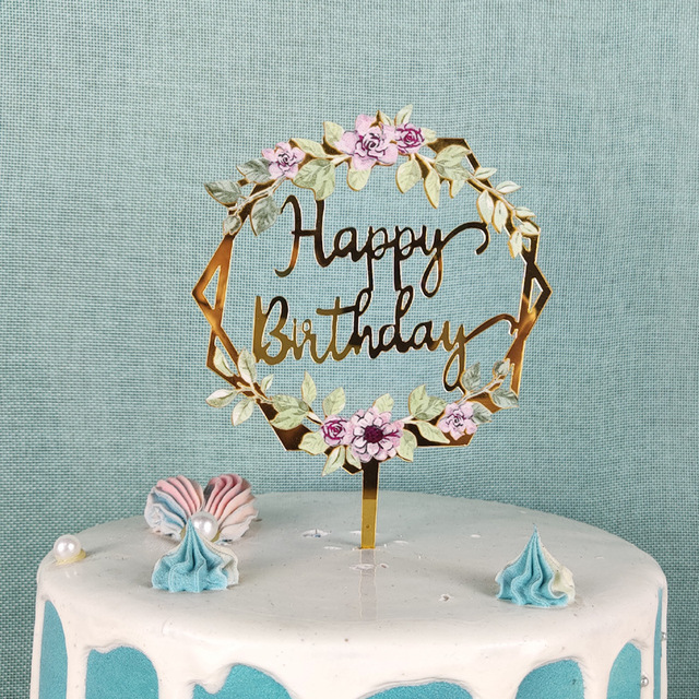 Flowers Happy Birthday Cake Topper Gold Colored Printing Acrylic Cake Topper For Kids Girls Birthday Party Cake Decorations
