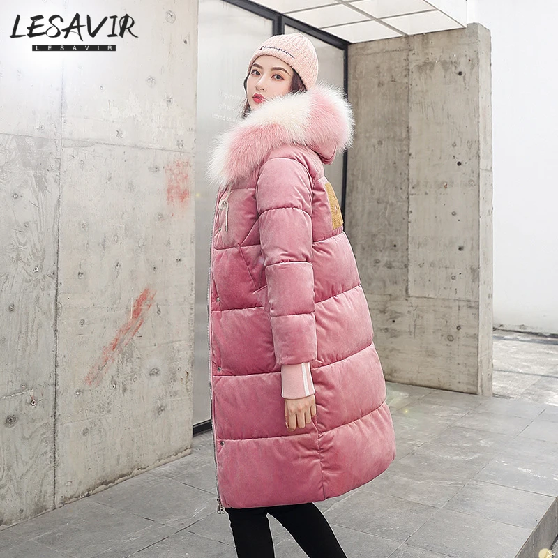 

2020 Winter Gold Velvet Hooded Fur Collar Parka Coat Ladies Loose Mid-length Thick Down Cotton Coat Women