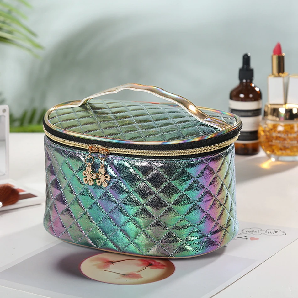 Fashion WomenTravel Laser Makeup Bag Organizer Waterproof Zipper PU Plaid Cosmetic Make Up Storage Portable Beauty Wash Kit Case