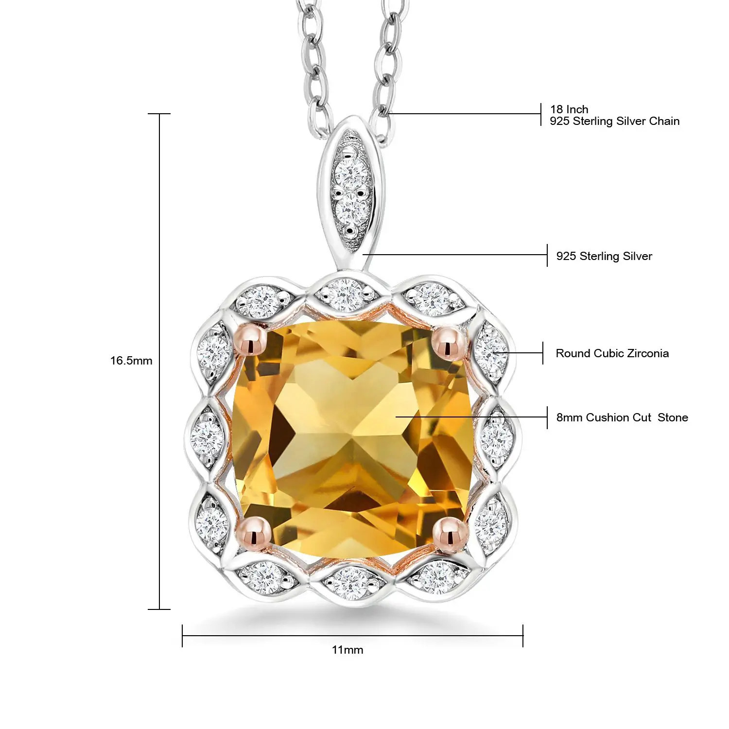 GemStoneKing 3,17 Ct подушка натуральный желтый цитрин матери ожерелья и подвески 925 пробы серебро ювелирные изделия