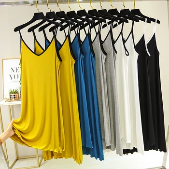 

Women's Dresses Modal Stretchy Sundress A-Line White Long Maxi Dress V Neck Sleeveless Seamless Casual Plain Female