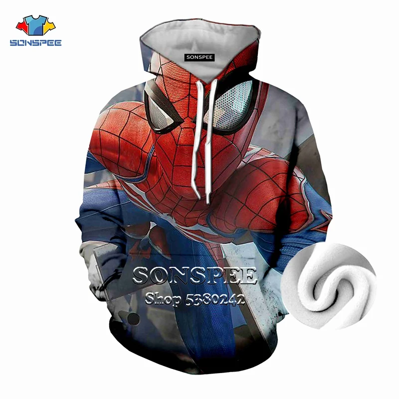 Для мужчин и женщин, SONSPEE, 3D принт, флис, плотная толстовка, фильм, Spider-man, повседневная, Harajuku, с капюшоном, пуловер, теплое пальто, верхняя одежда