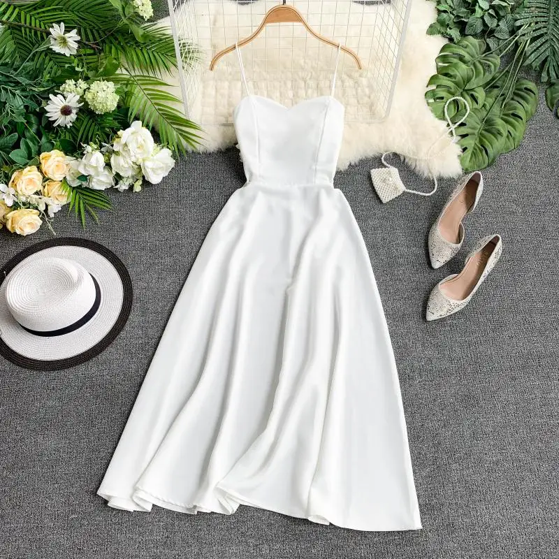 

2019 Summer Beach Style A-Line Bcukless Spaghetti Strap V-Nec Solid Long Dress Draped Slim Look Elegant Intellectual Dresses