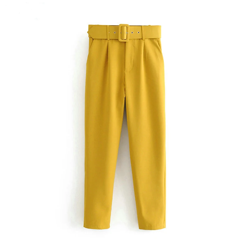

Women Pants office ladies Trousers Belt High Waist Solid Color Pocket Casual City lady trousers