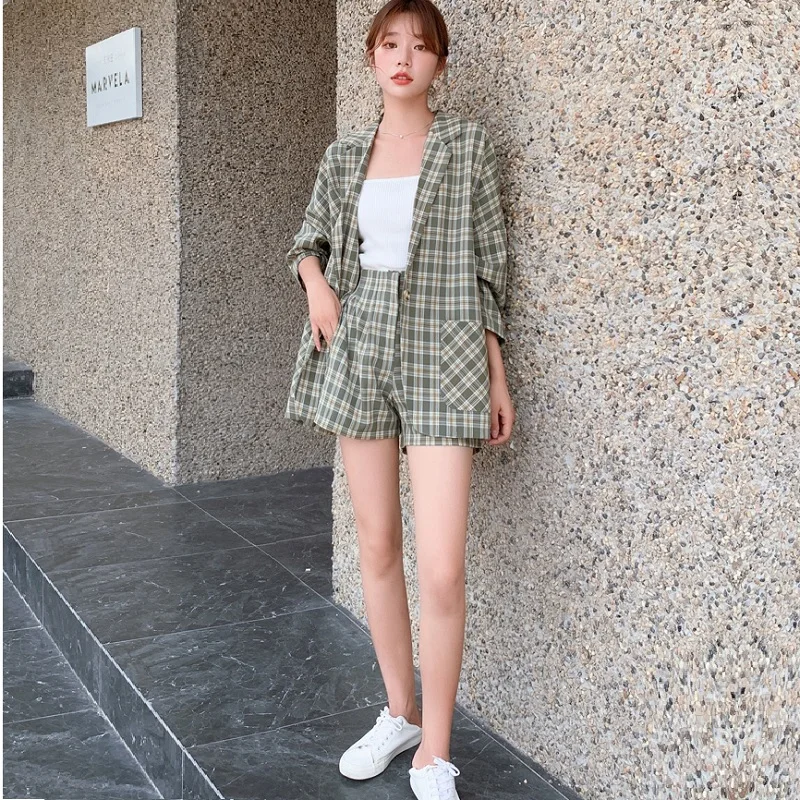 Elegant Autumn Plaid Suit 2PS Set Women Blazer Coat Causal Long Sleeve Oversize Shorts Pants Office Lady Pocket Suit Blazer Set