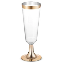 HOT-24Plastic флейты шампанского в золотой оправе | 5,5 Oz. Прозрачные Жесткие одноразовые вечерние и свадебные стекла