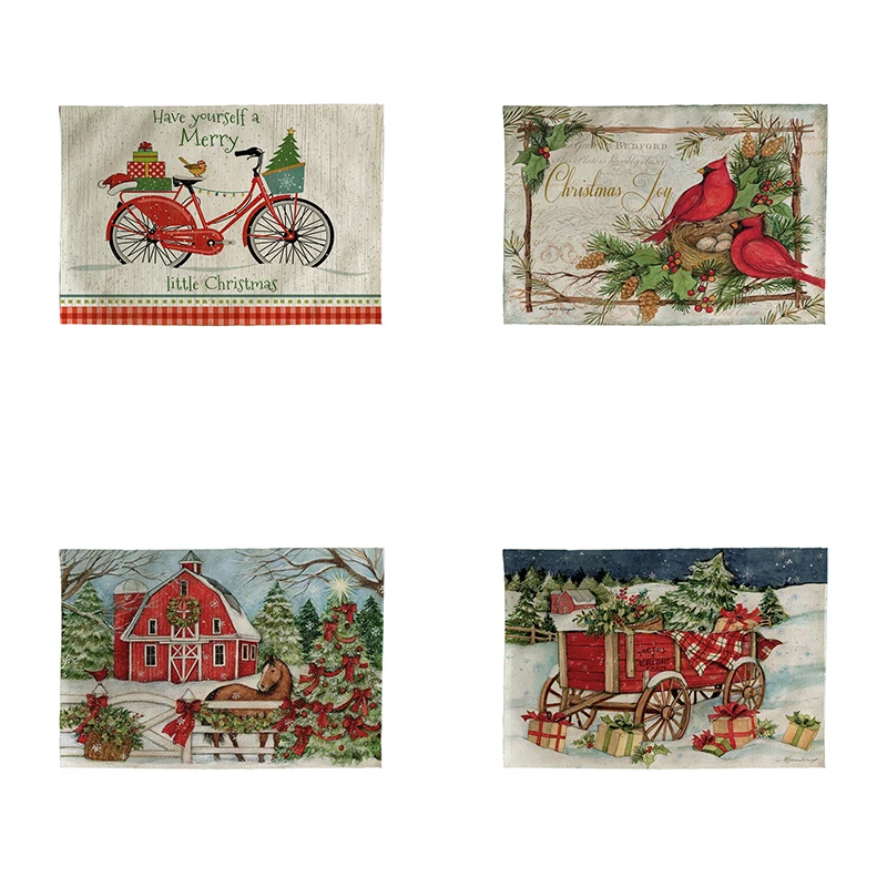 Merry Christmas Truck House Birds Printed Placemat Coaster Dining Table Mats Linen Pad Bowl Cup