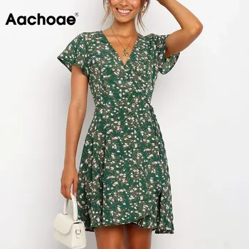 Aachoae-Vestido corto informal de verano con estampado Floral y escote triangular, minivestido Bandage para Mujer, estampado Floral, manga corta