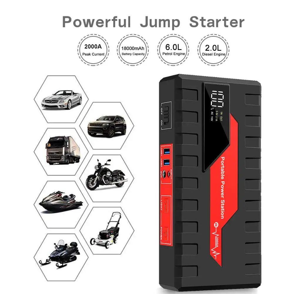 

2000a Peak Jump Starter USb Power Bank Led Flashlight Smart Car Battery Charger 60WH AC Generator With 110V 220V Output