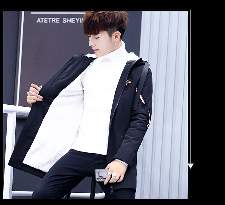 Men Medium-length New Style plus Velvet Jacket Korean-style Slim Fit Teenager Warm Trench Coat Tops Hat Men's