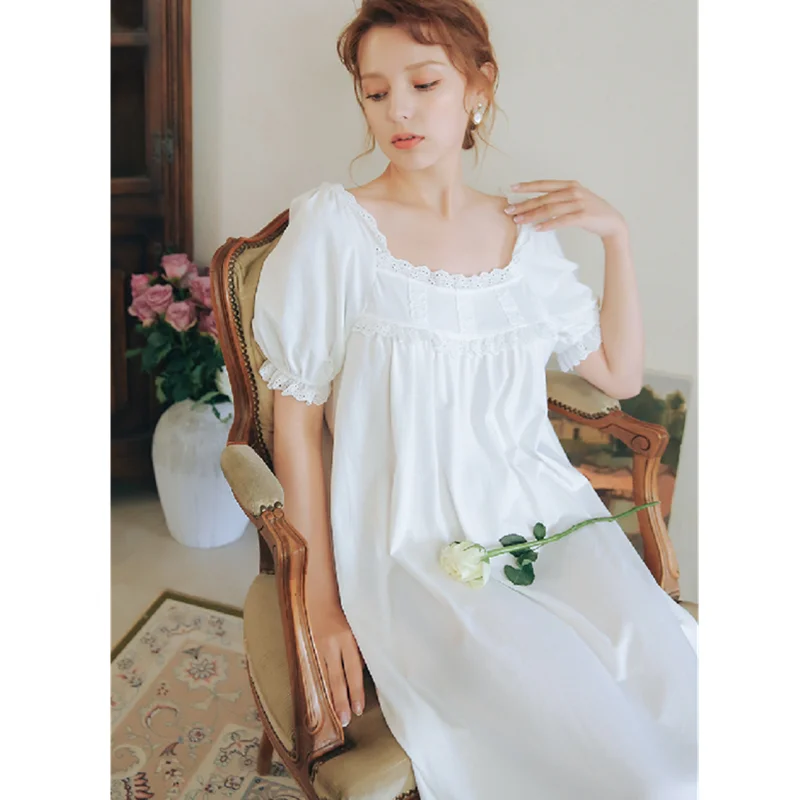 Women's Vintage Gothic Victorian Night Dress White Cotton Flare Sleeve V Neck Lace Embellished Ruffle Hem Autumn Nightgown T719 | Женская