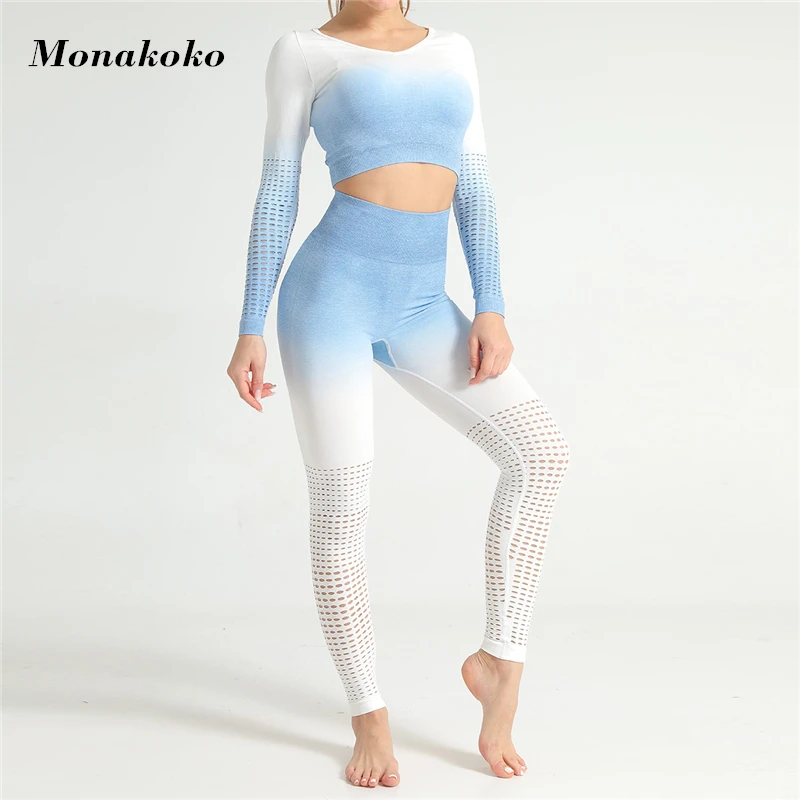 

Gradien Hollow Yoga Set Outfits Women Seamless 2 Piece Long sleeve Crop Top Leggings Sport Clothing Workout Fitness Gym Sets