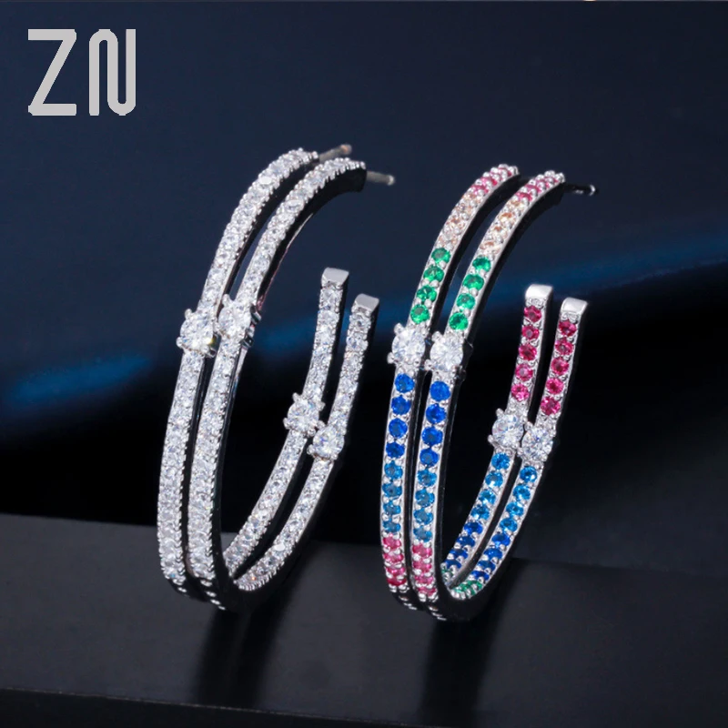 

ZN New Ladies Loop Earring Round Circle Micro Pave Double Side Cubic Zirconia Crystal Large 925 Silver Hoop Earrings Jewelry