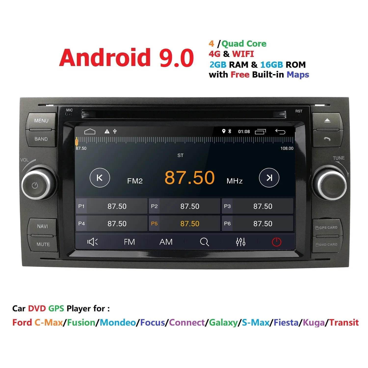 Perfect Android 9.0 Black Sliver Car DVD Player AutoRadio Audio For Ford Focus 2 3 Mondeo S CMax Fiesta Galaxy Fusion 2006-2011 GPS Navi 1