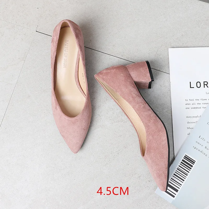 999-1 pink4.5cm Обувь; женские туфли из искусственной замши без застежки на высоком квадратном каблуке с острым носком; однотонные офисные женские туфли на каблуке; женские деловые вечерние туфли-лодочки; сандалии - Цвет: 999-1 pink4.5cm
