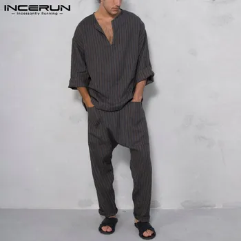 

INCERUN Vintage Men Striped Sets 2020 Long Sleeve V Neck Shirt Pockets Drop Crotch Pants Loose Retro Men Casual Suits Streetwear