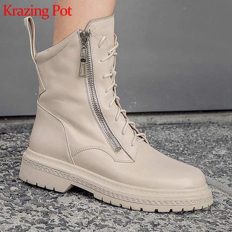 

Krazing pot fashion show cow leather keep warm round toe energy motorcycle boots maiden med heels zipper mid-calf boots L02