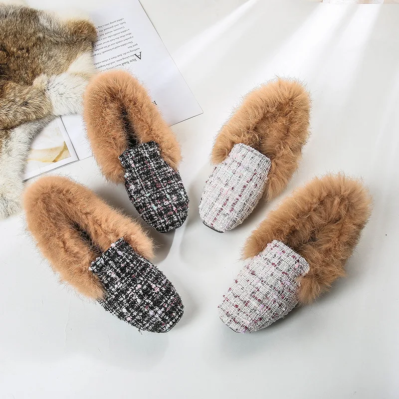 

Shoes Women Rabbit Fur Loafers Mixed Color Flats Square Toe Shoes Winter Slip on Furry Slides Big Size Zapatos Mujer White Black