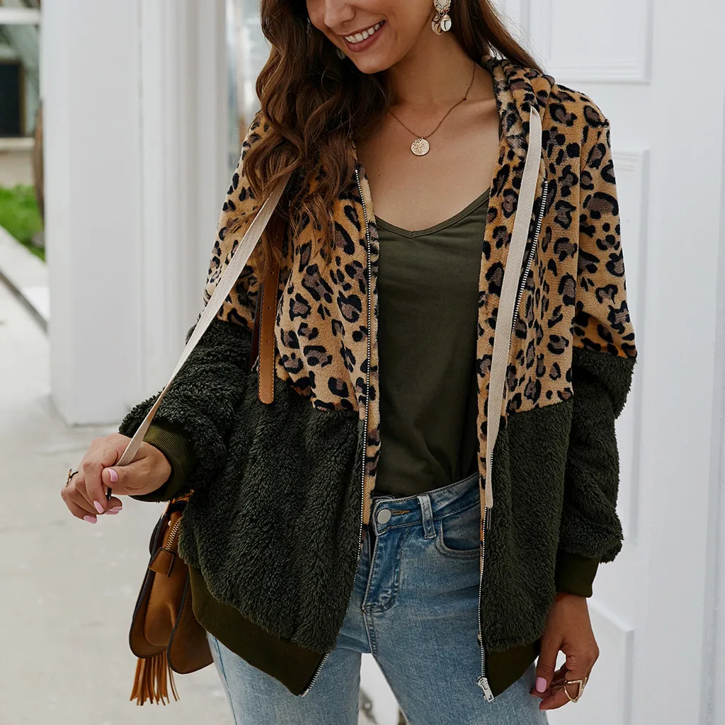 

Women Outerwear Coats Jackets Fashion Leopard Print Patchwork Fleece Long Sleeves Cardigan Zipper Keep Warm Ladies Tops F40