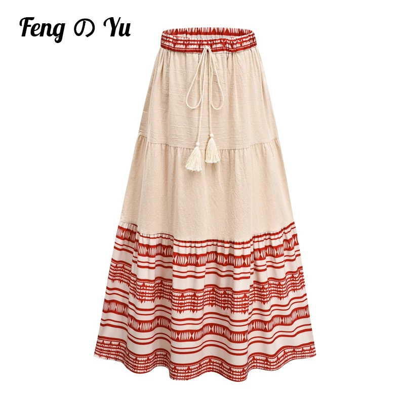 2021 Bohemian Stitching Wrap Skirt  Cotton And Linen Striped Skirt Casual Skirt Female Autumn And Winter Clothes Elegant Skirt tutu skirt