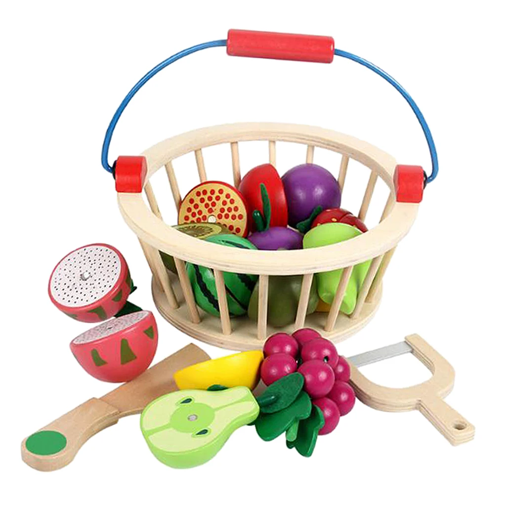 Farmers Market Basket – 12 Pieces Toy Kitchen Accessories – Pretend Cutting Play Food Set for Toddlers 3 +