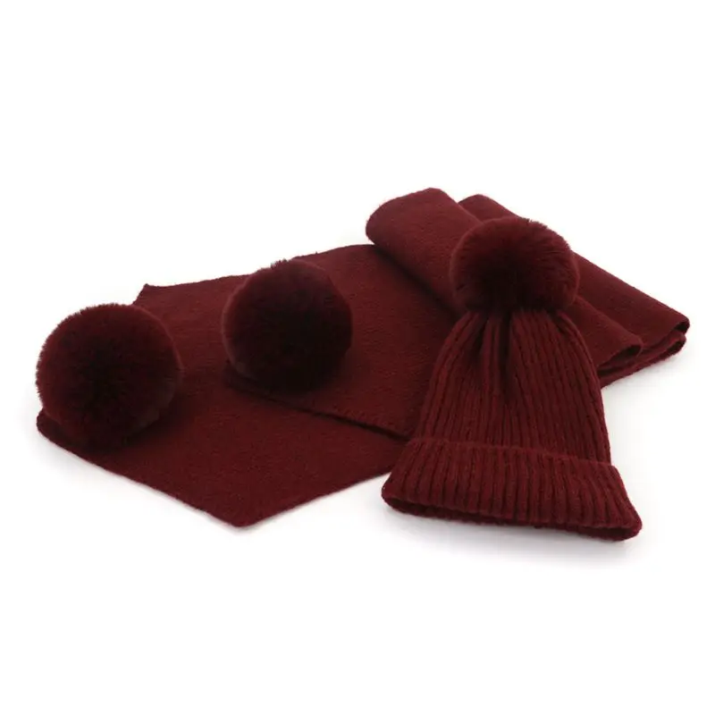 2 шт./компл. для взрослых и детей зимние вязаные из искусственной шерсти с пушистым помпоном шапка длинный шарф набор - Цвет: Children Wine Red