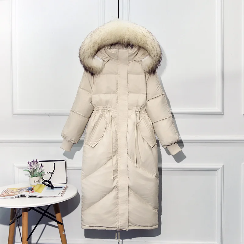 Натуральный мех с капюшоном пуховик пальто женский белый утиный пух толстый теплый черный длинный корейский розовый зимний женский пуховик пальто - Цвет: 3-Faux Fur Hooded