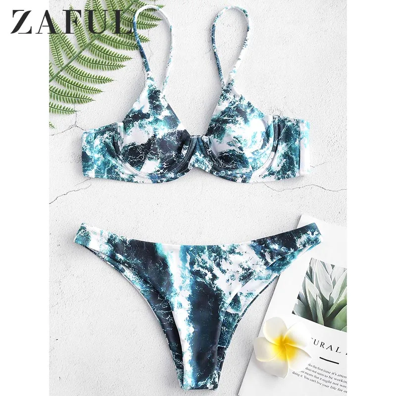 

ZAFUL Seawater Print Padded Underwire Bikini Set Spaghetti Straps Print Low Waisted Swimwear Women Push Up Bathing Suit 2019