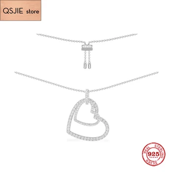 

High Quality S925 Sterling Silver Jewelry 1:1 Copy,Silver Double Heart Adjustable Necklace,Necklace Gift For Girlfriend
