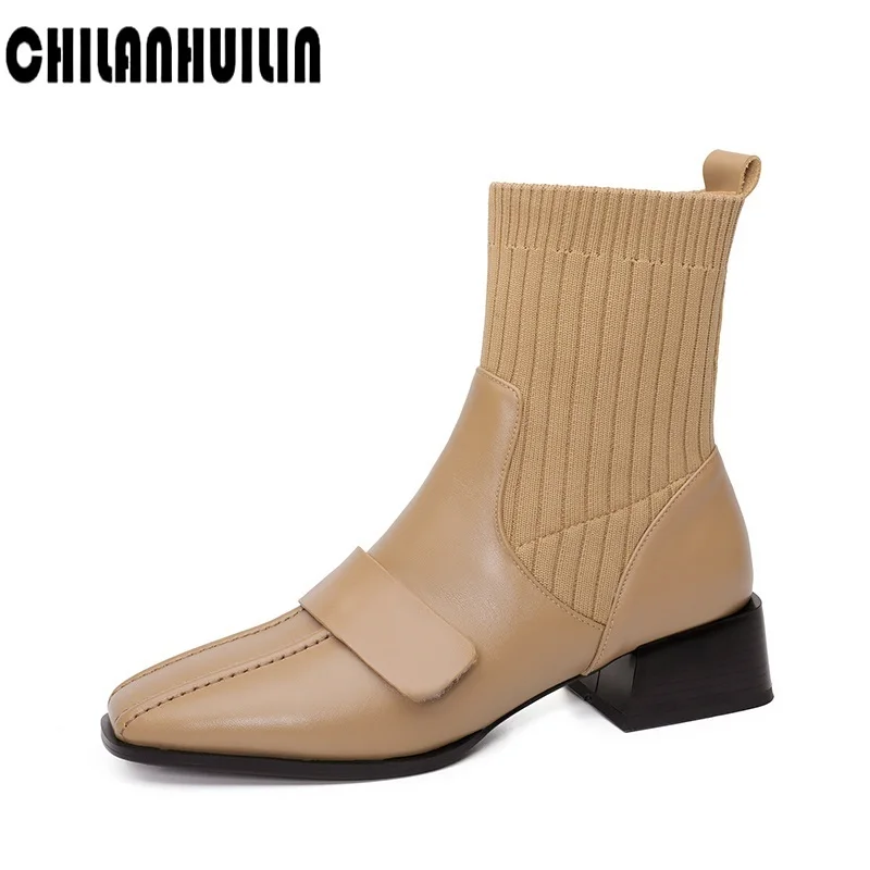 

high heels chelsea ankle boots woman martin boots square toe real leather high top elasticity sock boots shoes women botas mujer