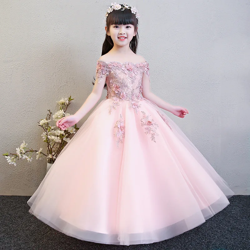 Платье принцессы для девочек Пышное летнее платье с открытыми плечами для девочек-торжественное платье Хост фортепиано Костюм Детское платье с длинной юбкой