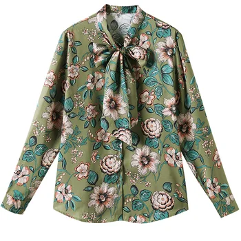 

Women Shirt Printed Ribbon Spring Shirt 2020 New Vintage Women's Long Sleeve Flower Bow Shirt