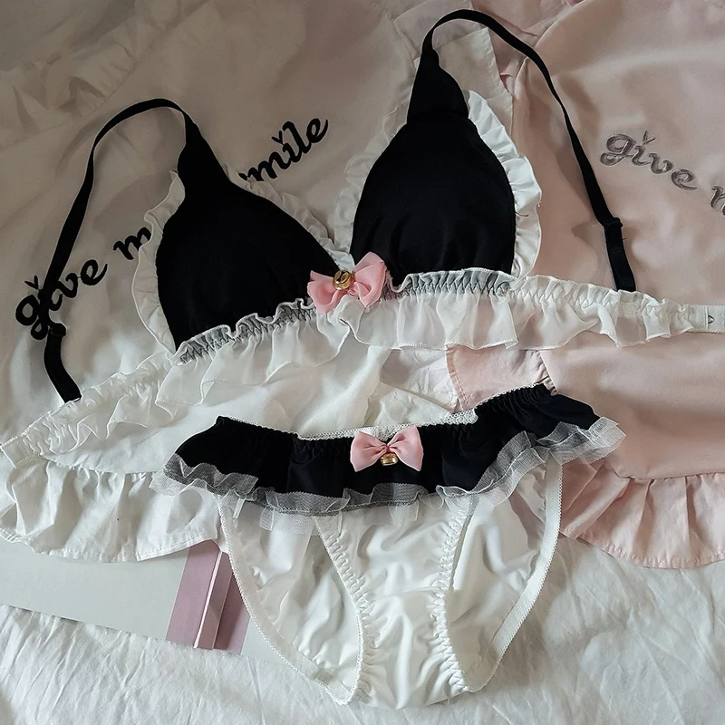 

Japanese Soft sister Young Girl Cute Anime Black cat stereoscopic Bowknot Ear Rabbit Lolita Bra set Kawaii Bra & Panties Set