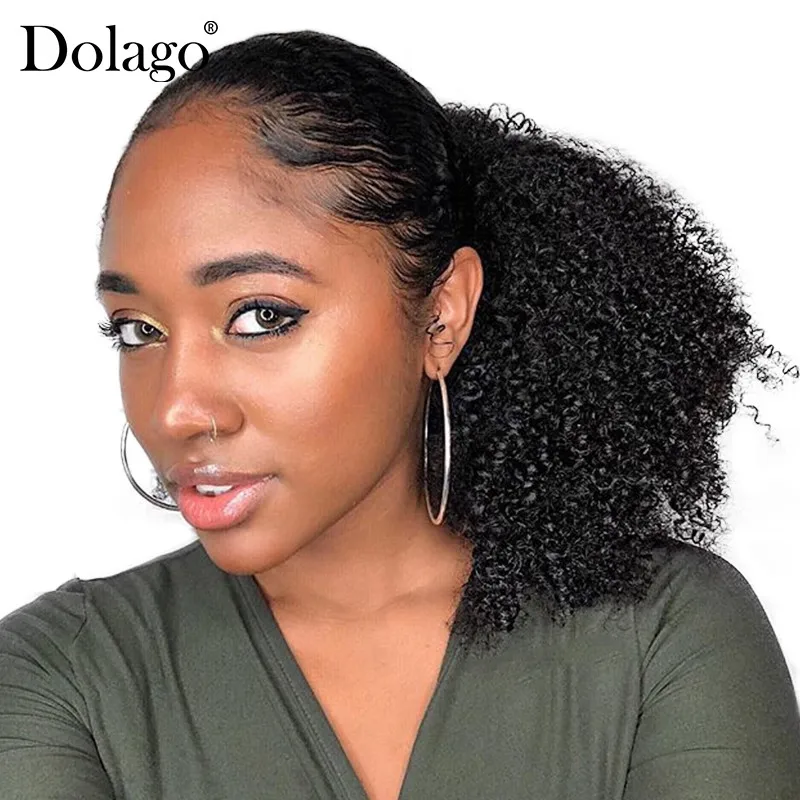 Kinky Curly Drawstring Ponytails For Women Brazilian 100% Human Hair Clip In Hair Extension Natural Black Dolago Virgin Hair