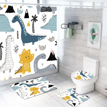 

4-pieces Bathroom Accessories 180X180cm Shower Curtain Toilet Cover Mat Cute Cartoon Style Dinosaur Pattern