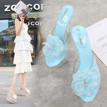 

Transparent Crystal Platform Wedge Women Sandals Sweet Flowers Open-toe Clear Pumps Models Catwalk Party Ladies High Heel Shoes