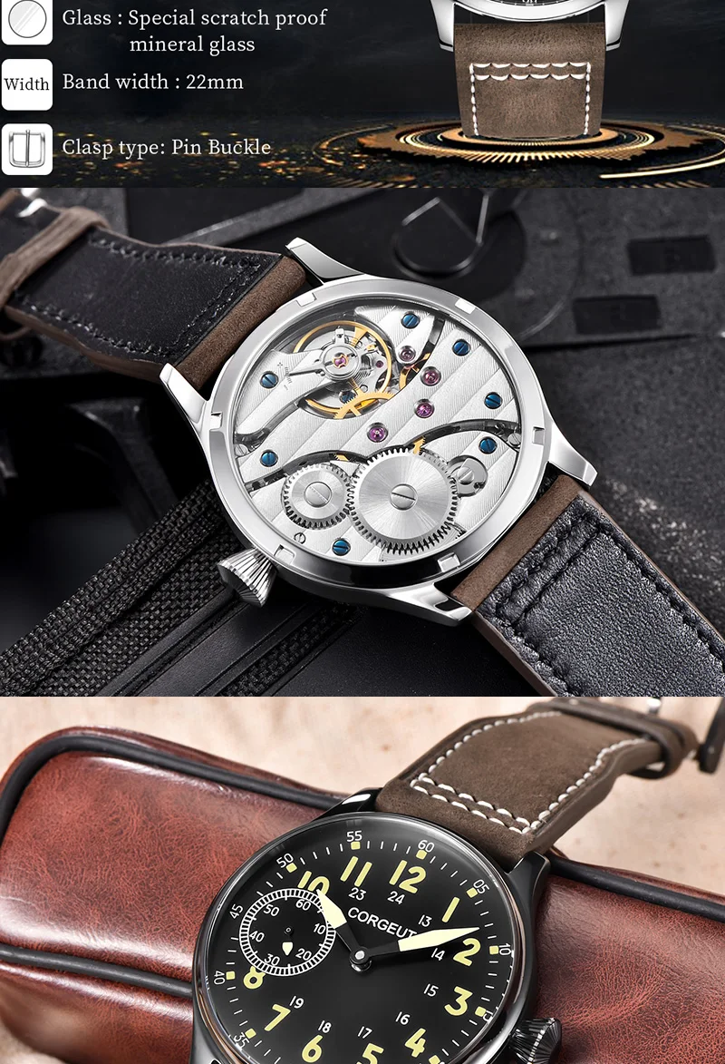 CORGEUT Top Aviator Mechanical Men's Watch Self-Winding Men's Watch NH35A Movement Leather Strap Men's Clock 2021 Luxury Brand