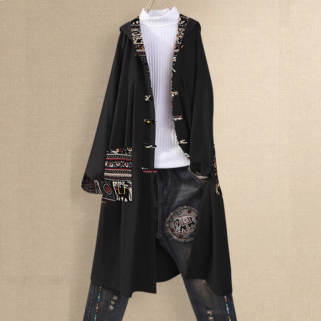 Длинный кардиган для женщин с принтом в стиле бохо на пуговицах и карманах, Свободный кардиган, лоскутное пальто с капюшоном, осенний кардиган с длинными рукавами, тренч - Цвет: Black B