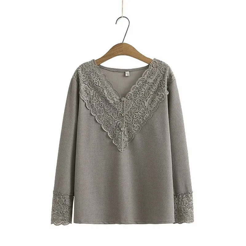 Blouse Green-Shirts Long-Sleeve Plus-Size Women Ladies Lace Black Spring Autumn Stretch