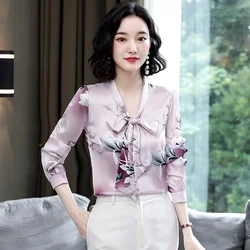 Blusas femininas de seda coreana, blusas femininas de escritório com laço, largas, flor de cetim, camisa feminina plus size