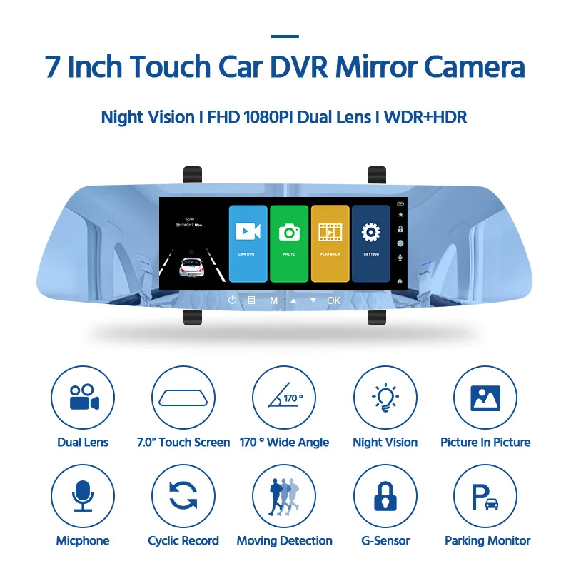  E-ACE Car Dvr 7.0 Inch Rearview Mirror FHD 1080P DashCam Dual Lens Video Recorder Night Vision Auto