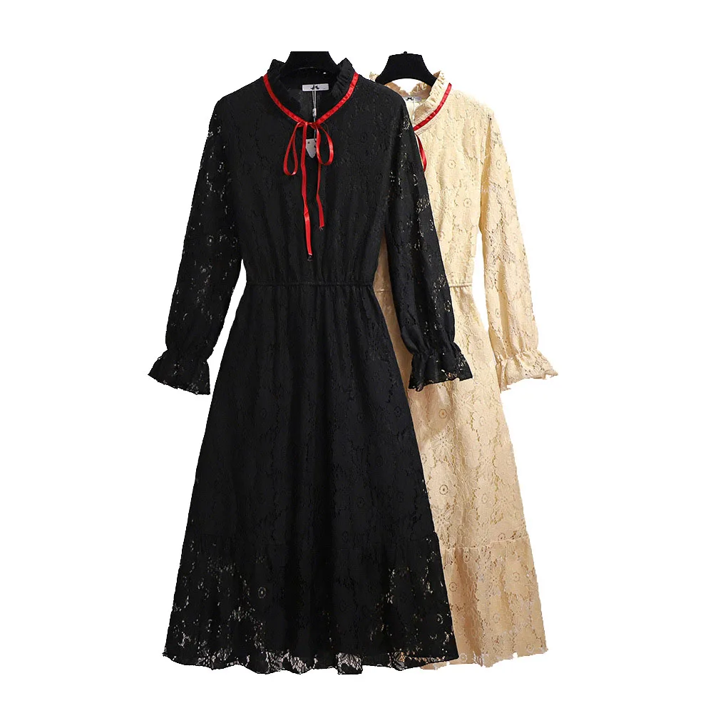 Women Dress Autumn 2020 Vintage Black Apricot Lace Ruffled Bow Collar Long Sleeve Elastic Waist Plus Size Clothing for | Женская одежда