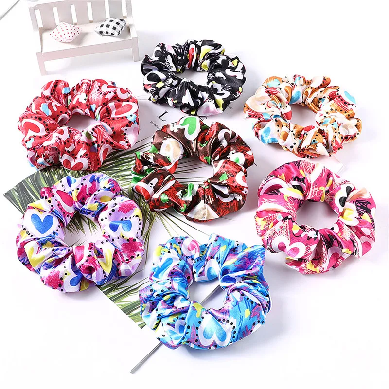 Women Girls Print Satin Big Elastic Rope Bands Watermelon Fruit Cute Heart Print Scrunchies Hair Gums For Bun Make Stretch Bands