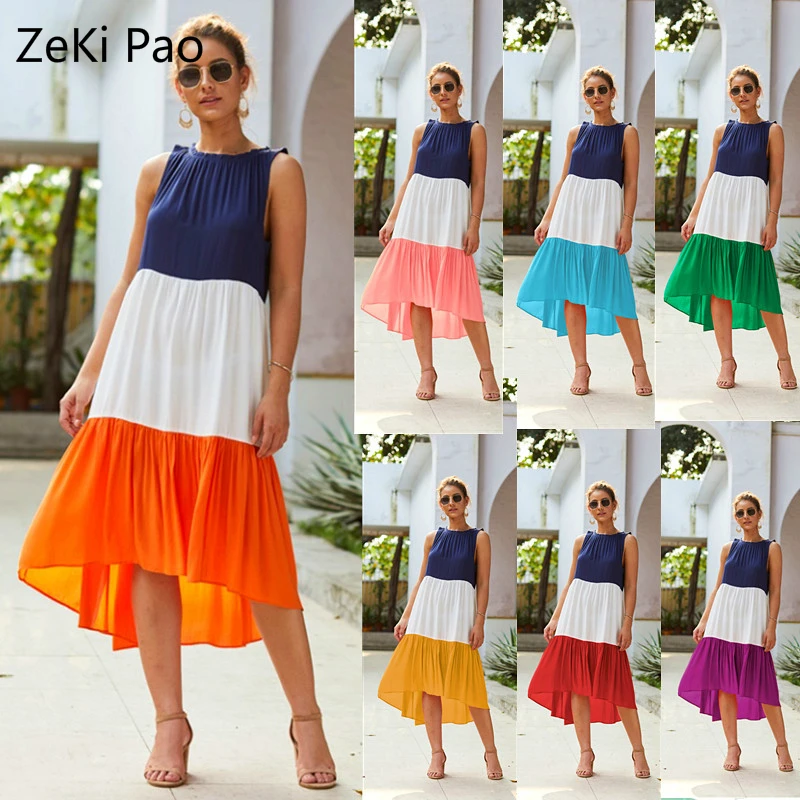 

Hot Fashion Color Matching Women's Dress Round Neck Sleeveless 2020 Summer Multi-color Casual English Elegant Dress XL