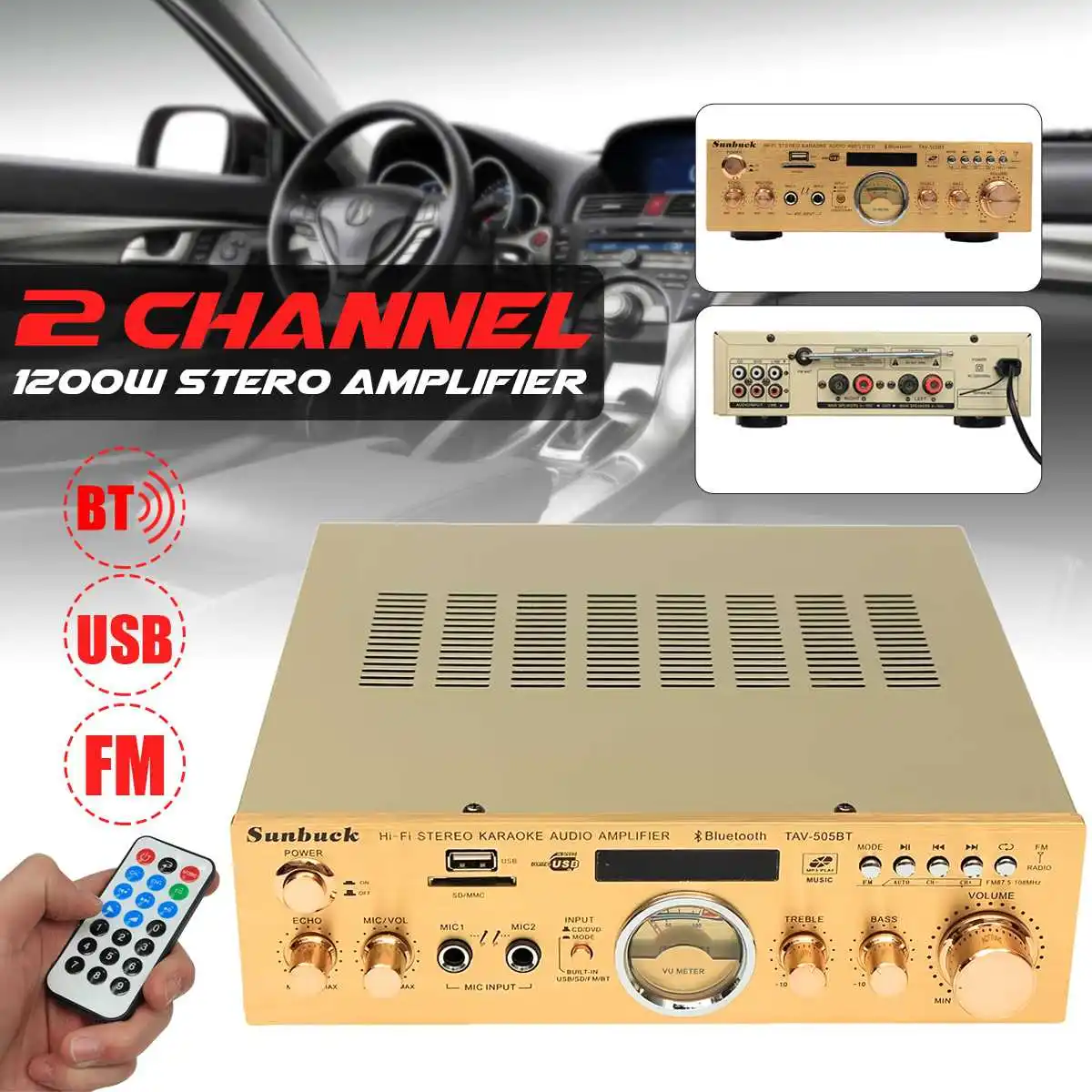 

Sunbuck Signal bluetooths Audio Signal Power Amplifier 3800W 220V-240V 5 Channel Speaker with Remote Control Support USB/SD Card